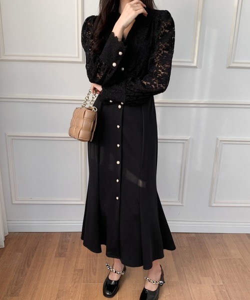 ECLIN（エクラン）の「バックリボンレースドッキングマーメイドロングワンピース（ワンピース・レディース・ブラック/ベージュ・S/M）」の9枚目の写真