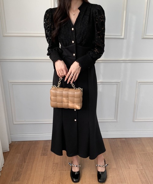 ECLIN（エクラン）の「バックリボンレースドッキングマーメイドロングワンピース（ワンピース・レディース・ブラック/ベージュ・S/M）」の10枚目の写真