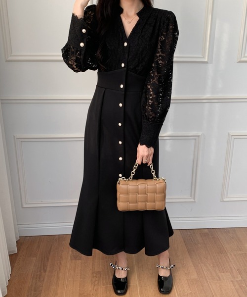 ECLIN（エクラン）の「バックリボンレースドッキングマーメイドロングワンピース（ワンピース・レディース・ブラック/ベージュ・S/M）」の16枚目の写真