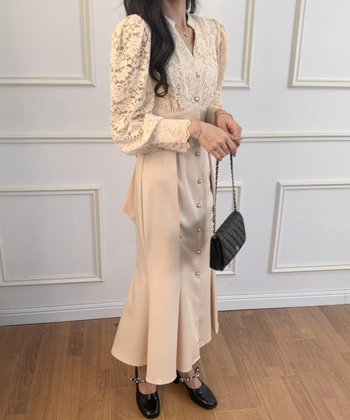 ECLIN（エクラン）の「バックリボンレースドッキングマーメイドロングワンピース（ワンピース・レディース・ブラック/ベージュ・S/M）」の5枚目の写真