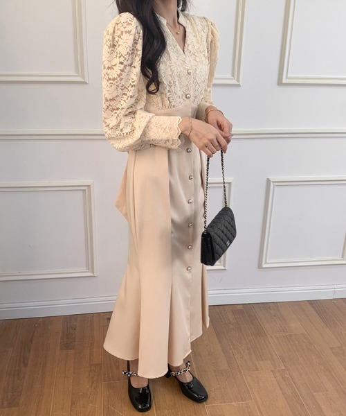 ECLIN（エクラン）の「バックリボンレースドッキングマーメイドロングワンピース（ワンピース・レディース・ブラック/ベージュ・S/M）」の6枚目の写真