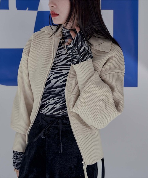 miette（ミエット）の「バルーンスリーブ襟付きニットブルゾン（ブルゾン・レディース・ブラック/アイボリー/ブルー/レッド/テラコッタ/ピンク・FREE）」の2枚目の写真