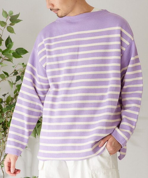 417 EDIFICE（フォーワンセブンエディフィス）の「コットンライクポリボーダーニット（ニット/セーター・メンズ・ブラック/ホワイト/グリーン/ラベンダー・MEDIUM/LARGE）」の4枚目の写真