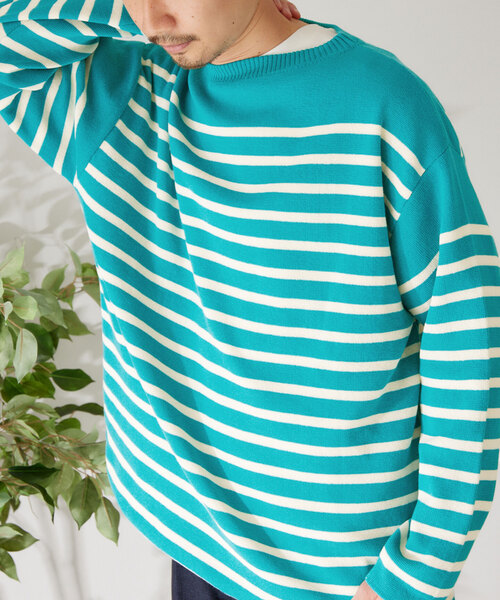 417 EDIFICE（フォーワンセブンエディフィス）の「コットンライクポリボーダーニット（ニット/セーター・メンズ・ブラック/ホワイト/グリーン/ラベンダー・MEDIUM/LARGE）」の3枚目の写真