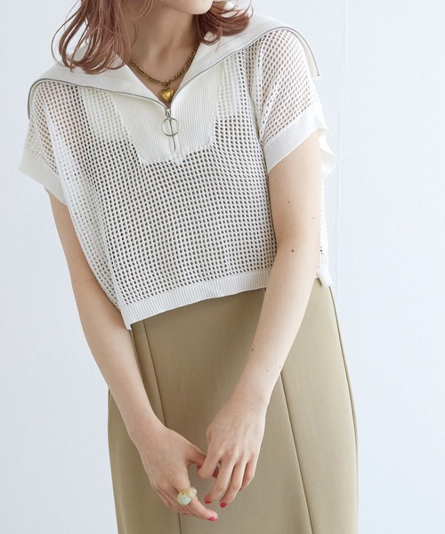 w closet(ダブルクローゼット)の「【SETアイテム】ハーフジップメッシュニット&キャミワンピース(ワンピース・レディース・オフホワイト/カーキ/ブラック・FREE)」の6枚目の写真