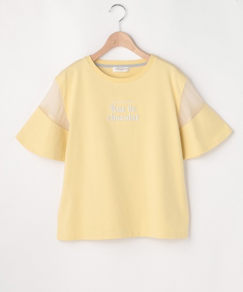 pom ponette junior(ポンポネットジュニア)の「フレアスリーブシアー切替Tシャツ(Tシャツ/カットソー・キッズ・レモンイエロー/ホワイト・M/LL/L)」の1枚目の写真