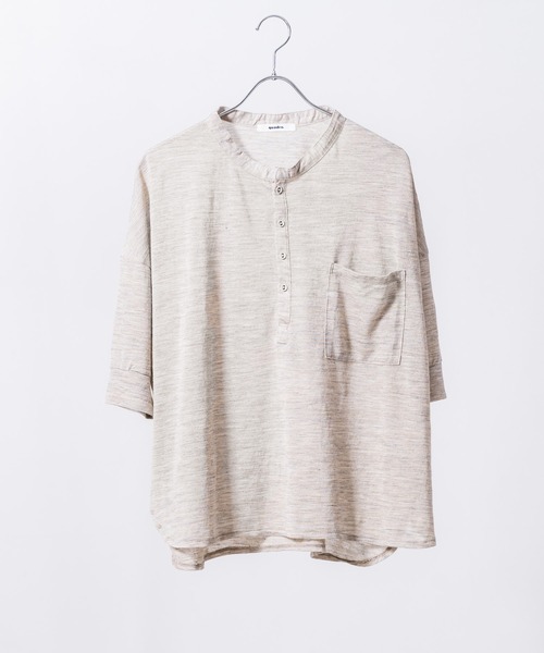 quadro(クオドロ)の「ラミーナイロン撚杢天竺6分袖ヘンリーネックプルオーバー(Tシャツ/カットソー・レディース・ブルー/ダークネイビー/グレー/ベージュ・FREE)」の4枚目の写真