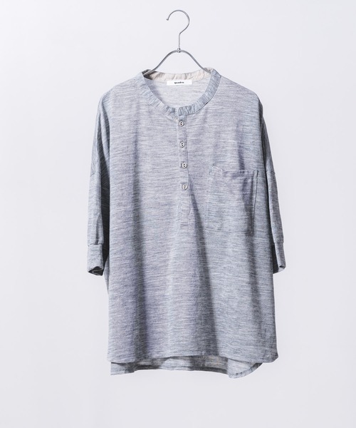 quadro(クオドロ)の「ラミーナイロン撚杢天竺6分袖ヘンリーネックプルオーバー(Tシャツ/カットソー・レディース・ブルー/ダークネイビー/グレー/ベージュ・FREE)」の3枚目の写真