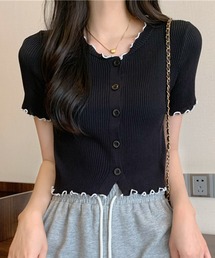 《Lilamusant(リラミュゾン)》配色メロー半袖リブニットクロップドトップス