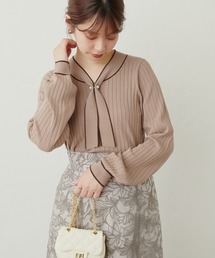 WEB限定 / パール付きボウタイバイカラーニット