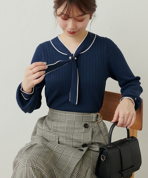 natural couture(ナチュラルクチュール)の「WEB限定 / パール付きボウタイバイカラーニット(ニット/セーター・レディース・サックスブルー/アイボリー/ピンクベージュ/ネイビー/モカ・FREE)」の13枚目の写真