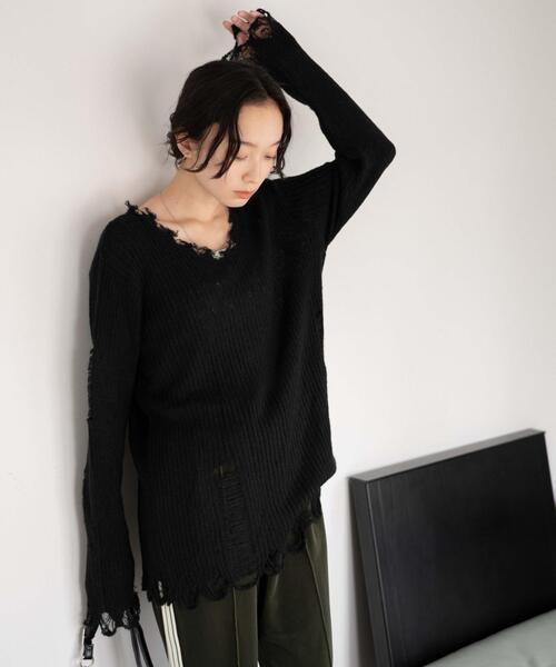 WEGO（ウィゴー）の「WEGO/ダメージニットプルオーバー（ニット/セーター・レディース・グレー/ブラック・FREE）」の3枚目の写真