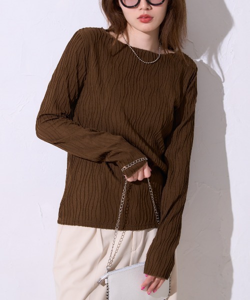 TRIANGLE PALETTE(トライアングルパレット)の「ウェーブストライプメロー長袖トップス / ボートネック(Tシャツ/カットソー・レディース・ライトグリーン/アイボリー/ブラック/ブラウン/ダークグレー/ボルドー・FREE)」の4枚目の写真