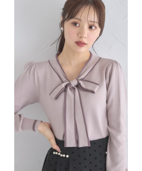 tocco closet（トッコ　クローゼット）の「【ZOZO限定】配色ライン入りボウタイりぼんニットプルオーバー（ニット/セーター・レディース・ブラック/ベージュ/オフホワイト/ブルー/ピンクベージュ/ネイビー・M）」の6枚目の写真
