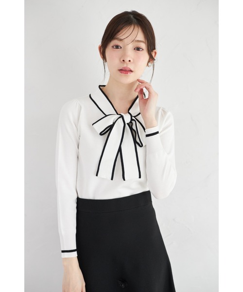 tocco closet（トッコ　クローゼット）の「【ZOZO限定】配色ライン入りボウタイりぼんニットプルオーバー（ニット/セーター・レディース・ブラック/ベージュ/オフホワイト/ブルー/ピンクベージュ/ネイビー・M）」の10枚目の写真