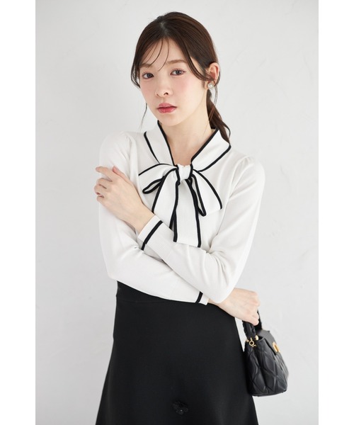 tocco closet（トッコ　クローゼット）の「【ZOZO限定】配色ライン入りボウタイりぼんニットプルオーバー（ニット/セーター・レディース・ブラック/ベージュ/オフホワイト/ブルー/ピンクベージュ/ネイビー・M）」の12枚目の写真