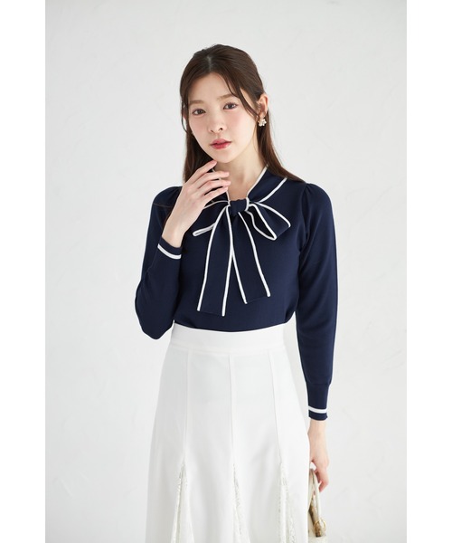 tocco closet（トッコ　クローゼット）の「【ZOZO限定】配色ライン入りボウタイりぼんニットプルオーバー（ニット/セーター・レディース・ブラック/ベージュ/オフホワイト/ブルー/ピンクベージュ/ネイビー・M）」の22枚目の写真