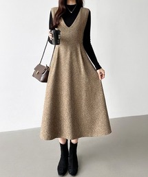 メリハリシルエット Vネックフレア ジャンパースカート ロング Vネック ワンピース 秋服 冬服
