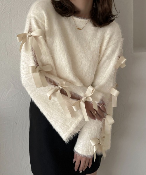 apres jour clair（アプレジュールクレア）の「【apres jour clair】袖リボンシャギーニット【ZOZOTOWN限定アイテム】（ニット/セーター・レディース・ベージュ/ピンクベージュ/アイボリー/チャコールグレー・X-LARGE/フリー）」の9枚目の写真