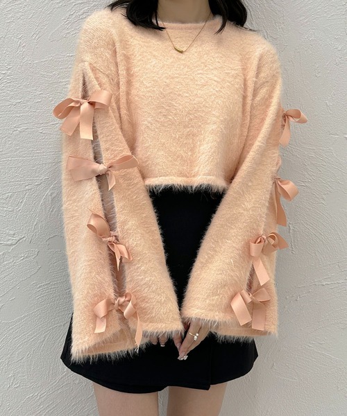 apres jour clair（アプレジュールクレア）の「【apres jour clair】袖リボンシャギーニット【ZOZOTOWN限定アイテム】（ニット/セーター・レディース・ベージュ/ピンクベージュ/アイボリー/チャコールグレー・X-LARGE/フリー）」の6枚目の写真