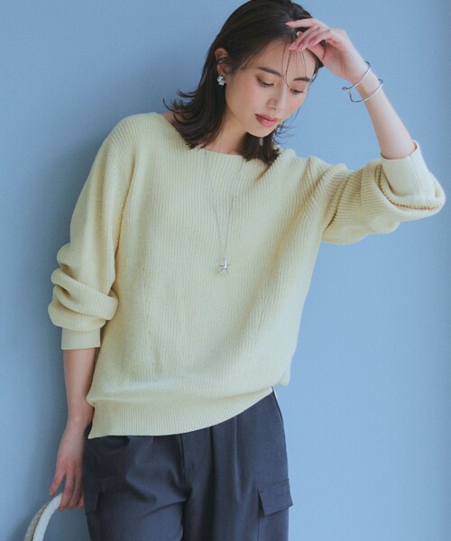 23区 L(ニジュウサンクオオキイサイズ)の「【洗える】コットンギマ ボートネック ニット(ニット/セーター・レディース・ベージュ系5/スモーキーグリーン系5/イエロー系5・46/44)」の3枚目の写真