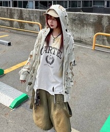 Bizarre Maiden | ストリートファッション Bizarre Maiden ビザール メイデン damage full zip hoodie ダメージ ジップパーカー フーディー オーバーサイズ 重ね着 レイヤード 長袖 羽織り パンクストリート(パーカー)