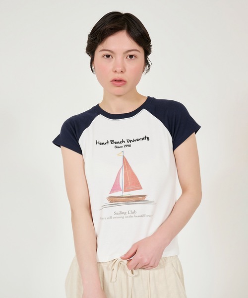 TINA:JOJUN(ティーナジョジュン)の「プリント リブラグランTシャツ TINA:JOJUN(Tシャツ/カットソー・レディース・ホワイト/ネイビー・M)」の12枚目の写真