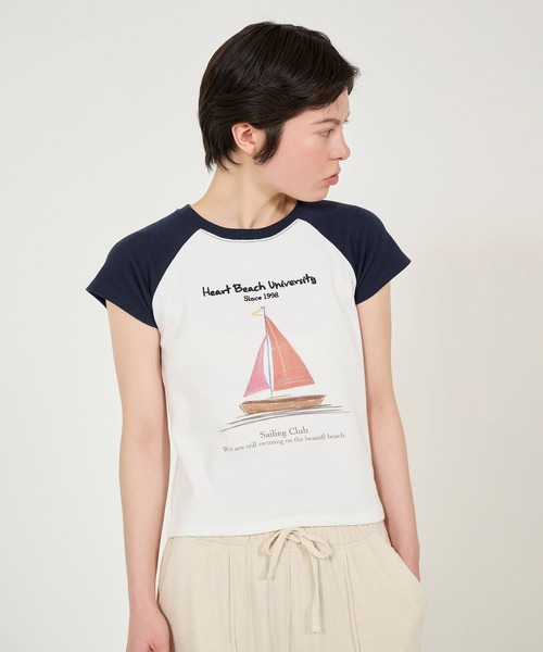 TINA:JOJUN(ティーナジョジュン)の「プリント リブラグランTシャツ TINA:JOJUN(Tシャツ/カットソー・レディース・ホワイト/ネイビー・M)」の14枚目の写真