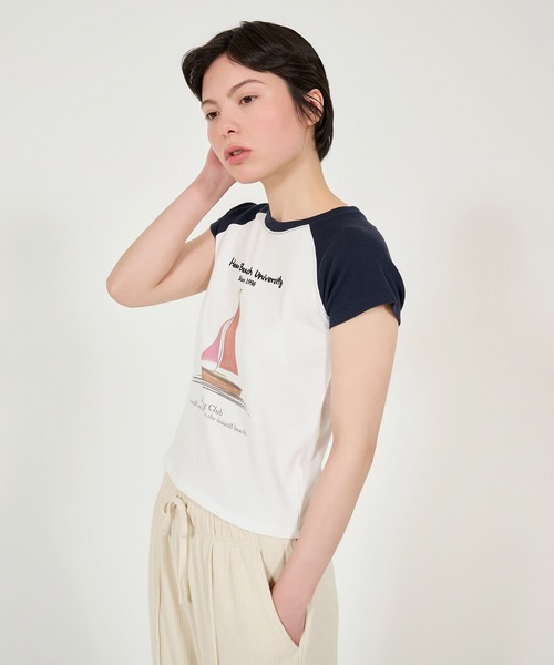 TINA:JOJUN(ティーナジョジュン)の「プリント リブラグランTシャツ TINA:JOJUN(Tシャツ/カットソー・レディース・ホワイト/ネイビー・M)」の15枚目の写真