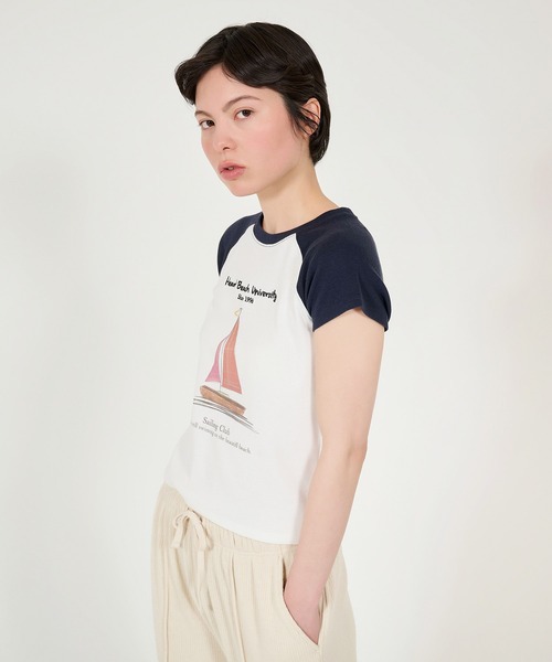 TINA:JOJUN(ティーナジョジュン)の「プリント リブラグランTシャツ TINA:JOJUN(Tシャツ/カットソー・レディース・ホワイト/ネイビー・M)」の16枚目の写真