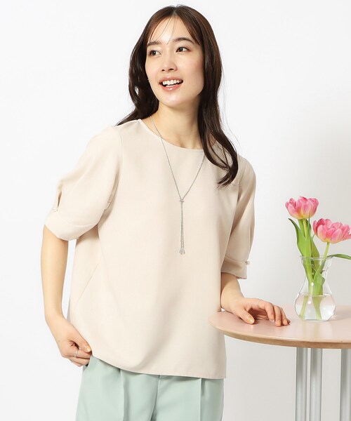 DRESKIP（ドレスキップ）の「◆【洗える/セットアップ可】麻調お袖パール調ボタン付ブラウス（シャツ/ブラウス・レディース・カーキ/ベージュ/ライトブルー/ネイビー・02/03/04）」の2枚目の写真