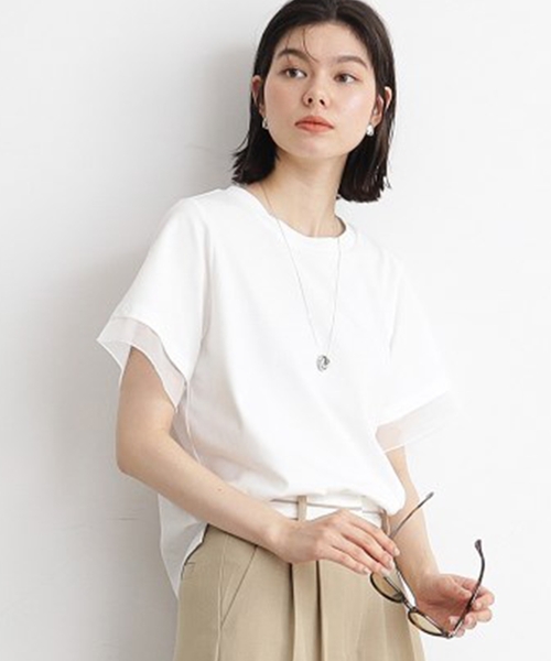 THE SHOP TK （ザ ショップ ティーケー ）の「◆【7.16新色入荷/UV/接触冷感/洗濯OK/毛玉になりにくい】袖シアーTシャツ（Tシャツ/カットソー・レディース・オフホワイト/サックスブルー/ブラック/ダークブラウン・13/12）」の2枚目の写真
