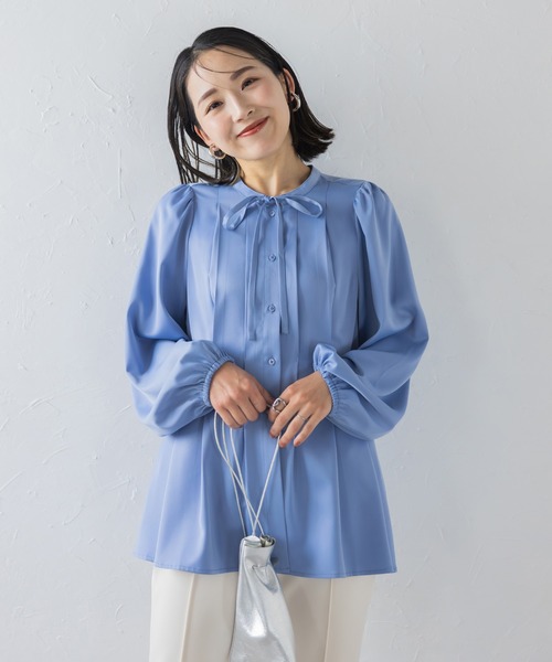 セール】ひんやりタッチボリュームスリーブボウタイタックシャツ