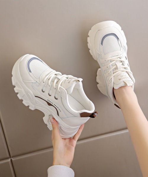 セール】配色 ライン メッシュ 厚底 レースアップ スニーカー