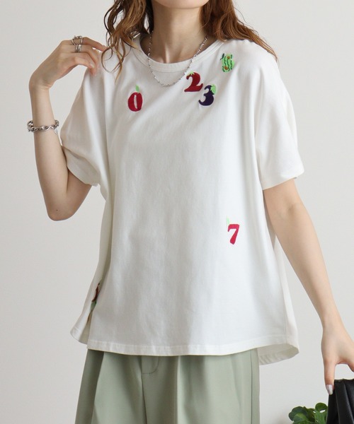 イチニーサン刺繍ドルマンTシャツ emago トップス Tシャツ 半袖 刺繍 大人の ナチュラル カジュアル 数字 イチニーサン刺繍ドルマンTシャツ emago トップス Tシャツ 半袖