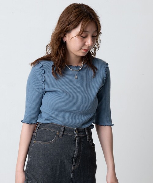 セール】ウォッシャブル ラメ メロークルー5分袖ニット/半袖