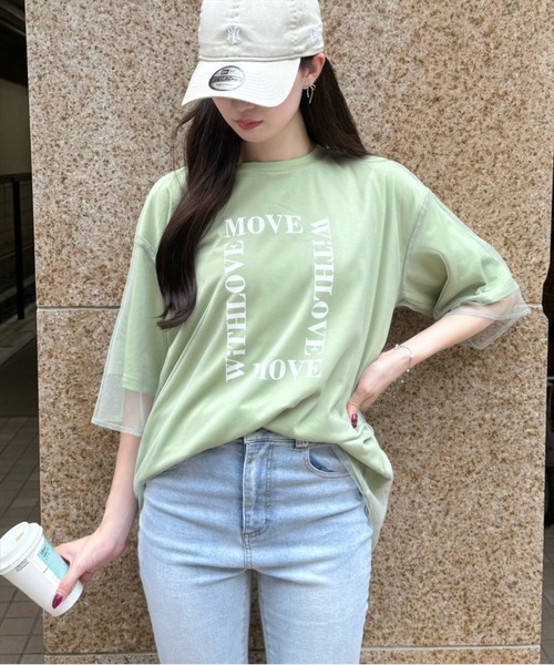 clear（クリア）の「チュールレイヤード半袖ロゴＴシャツ［大人 カジュアル オーバーサイズ］≪再入荷≫（Tシャツ/カットソー・レディース・チャコールグレー/ホワイト/ライトカーキ・F）」の2枚目の写真
