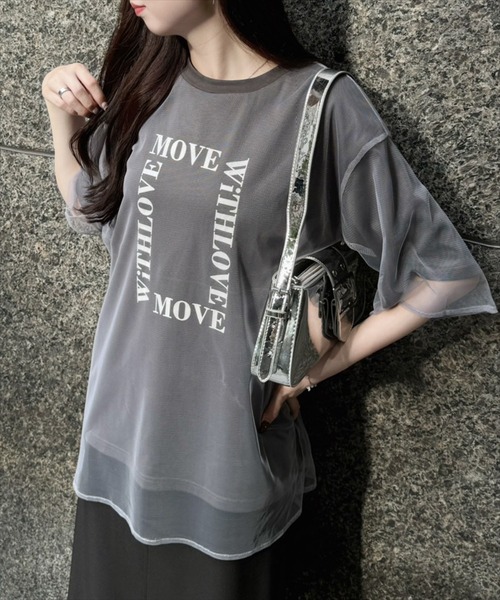 clear（クリア）の「チュールレイヤード半袖ロゴＴシャツ［大人 カジュアル オーバーサイズ］≪再入荷≫（Tシャツ/カットソー・レディース・チャコールグレー/ホワイト/ライトカーキ・F）」の3枚目の写真
