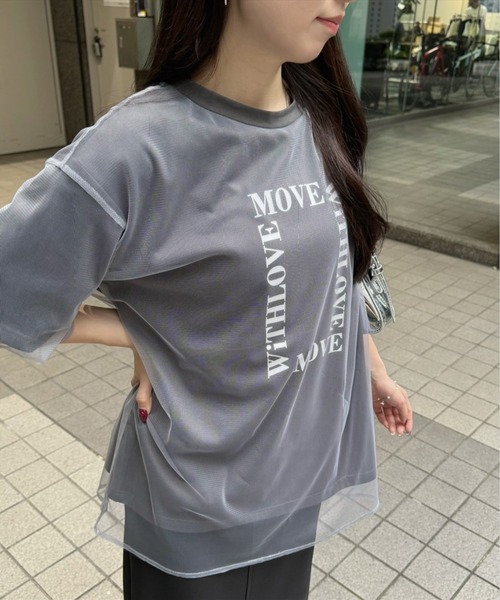 clear（クリア）の「チュールレイヤード半袖ロゴＴシャツ［大人 カジュアル オーバーサイズ］≪再入荷≫（Tシャツ/カットソー・レディース・チャコールグレー/ホワイト/ライトカーキ・F）」の12枚目の写真