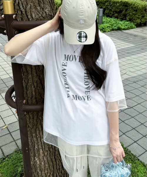 clear（クリア）の「チュールレイヤード半袖ロゴＴシャツ［大人 カジュアル オーバーサイズ］≪再入荷≫（Tシャツ/カットソー・レディース・チャコールグレー/ホワイト/ライトカーキ・F）」の4枚目の写真