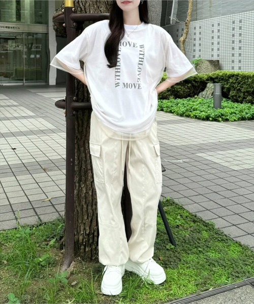 clear（クリア）の「チュールレイヤード半袖ロゴＴシャツ［大人 カジュアル オーバーサイズ］≪再入荷≫（Tシャツ/カットソー・レディース・チャコールグレー/ホワイト/ライトカーキ・F）」の6枚目の写真