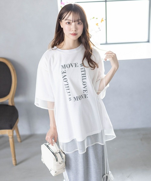 clear（クリア）の「チュールレイヤード半袖ロゴＴシャツ［大人 カジュアル オーバーサイズ］≪再入荷≫（Tシャツ/カットソー・レディース・チャコールグレー/ホワイト/ライトカーキ・F）」の9枚目の写真