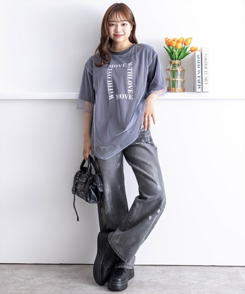 clear（クリア）の「チュールレイヤード半袖ロゴＴシャツ［大人 カジュアル オーバーサイズ］≪再入荷≫（Tシャツ/カットソー・レディース・チャコールグレー/ホワイト/ライトカーキ・F）」の20枚目の写真