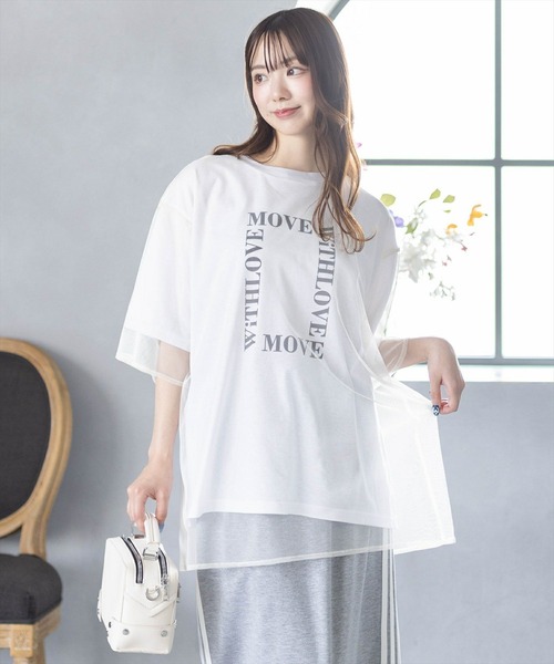clear（クリア）の「チュールレイヤード半袖ロゴＴシャツ［大人 カジュアル オーバーサイズ］≪再入荷≫（Tシャツ/カットソー・レディース・チャコールグレー/ホワイト/ライトカーキ・F）」の10枚目の写真
