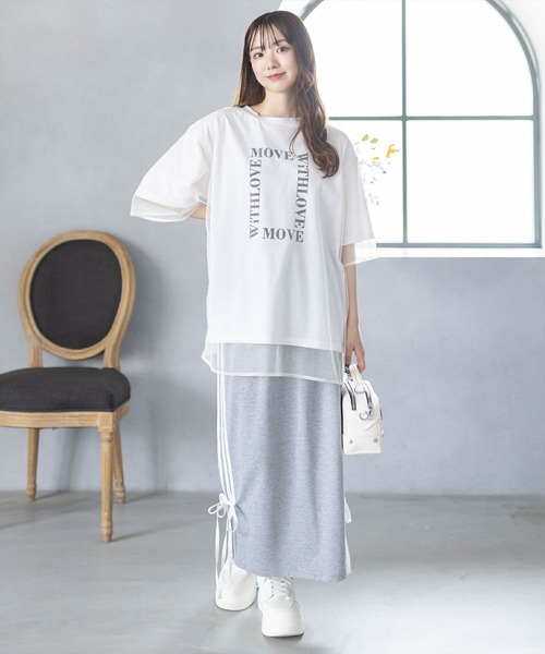 clear（クリア）の「チュールレイヤード半袖ロゴＴシャツ［大人 カジュアル オーバーサイズ］≪再入荷≫（Tシャツ/カットソー・レディース・チャコールグレー/ホワイト/ライトカーキ・F）」の11枚目の写真
