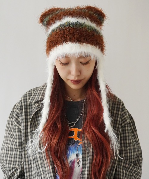 Port(ポート)の「【 antique andico / アンティーク アンディコ 】 シャギー ボーダー 猫耳 ニット 帽子 キャップ #_(ニットキャップ/ビーニー・レディース・ブラウン/ピンク/グレー/ブルー・FREE)」の2枚目の写真