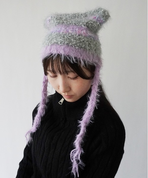Port(ポート)の「【 antique andico / アンティーク アンディコ 】 シャギー ボーダー 猫耳 ニット 帽子 キャップ #_(ニットキャップ/ビーニー・レディース・ブラウン/ピンク/グレー/ブルー・FREE)」の1枚目の写真