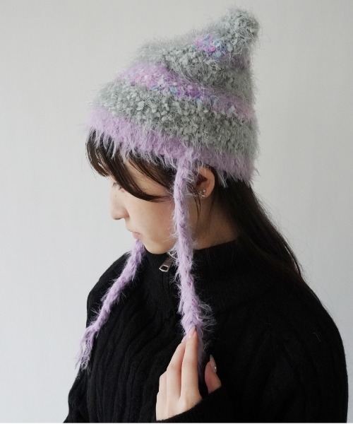 Port(ポート)の「【 antique andico / アンティーク アンディコ 】 シャギー ボーダー 猫耳 ニット 帽子 キャップ #_(ニットキャップ/ビーニー・レディース・ブラウン/ピンク/グレー/ブルー・FREE)」の5枚目の写真