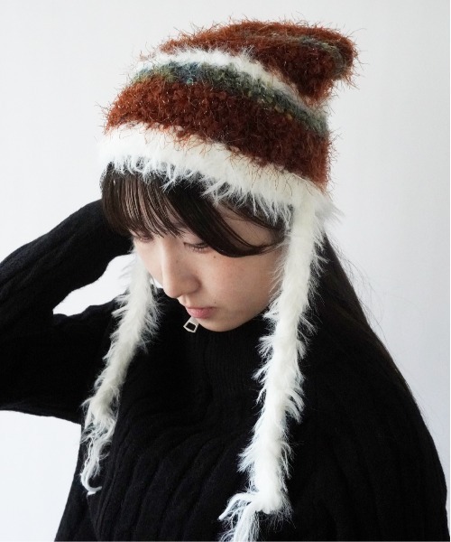 Port(ポート)の「【 antique andico / アンティーク アンディコ 】 シャギー ボーダー 猫耳 ニット 帽子 キャップ #_(ニットキャップ/ビーニー・レディース・ブラウン/ピンク/グレー/ブルー・FREE)」の7枚目の写真