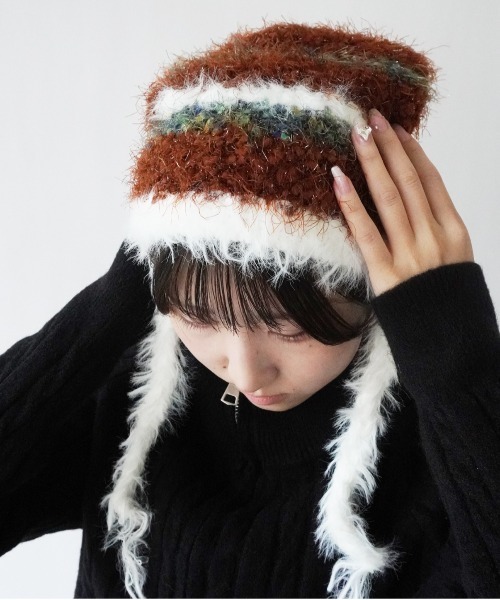 Port(ポート)の「【 antique andico / アンティーク アンディコ 】 シャギー ボーダー 猫耳 ニット 帽子 キャップ #_(ニットキャップ/ビーニー・レディース・ブラウン/ピンク/グレー/ブルー・FREE)」の8枚目の写真